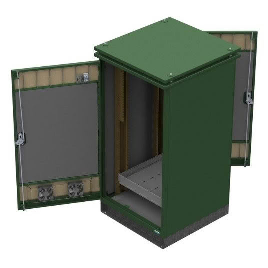 Green enclosure cabinet with panels open