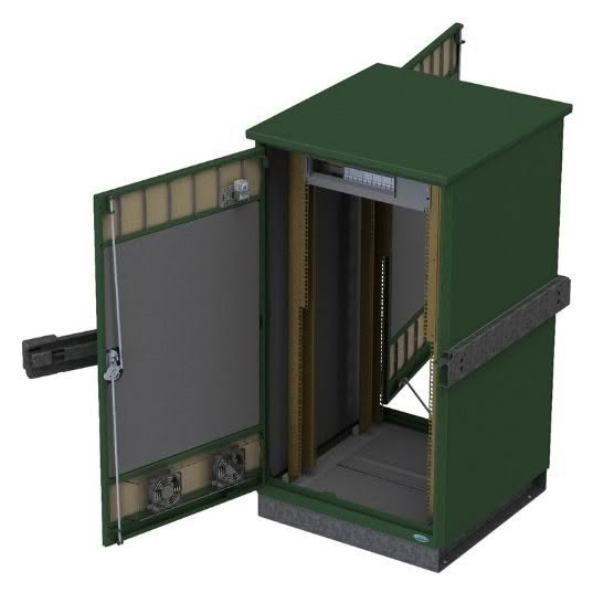 Outdoor cabinet open with cooling fans