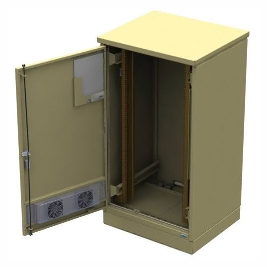 Open industrial cabinet with internal rails